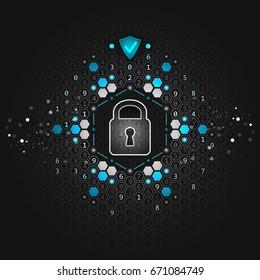 Global security concept. Abstract dark technological background. Lock, hexagon and circuit board. Vector illustration. 