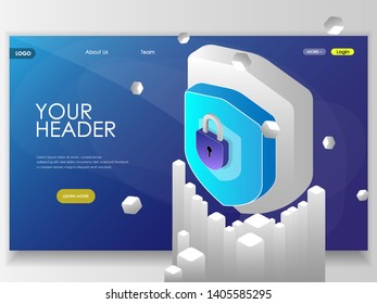 global security concept with big shield and textplace. Can use for landing page, homepage, web, banner etc. Modern isometric illustration.