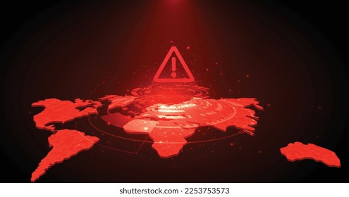 Global security Hacking Concept design. Attention warning attacker alert sign with exclamation mark on dark red background. Security protection has been break. vector illustration.