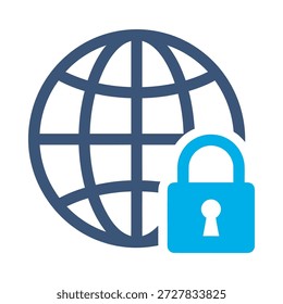 Global security icon blue flat vector design globe lock symbol world protection safe internet privacy graphic element sign