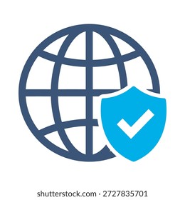 ícone de segurança global vetor plano azul design globo escudo símbolo proteção mundial defesa de segurança elemento gráfico seguro sinal