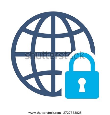 Global security icon blue flat vector design globe lock symbol world protection safe internet privacy graphic element sign