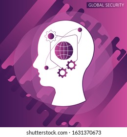 Global Security Icon. Flat Design With Brain