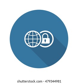 Global Security Icon. Flat Design Isolated Illustration. App Symbol or UI element. Globe with Padlock in Circle.
