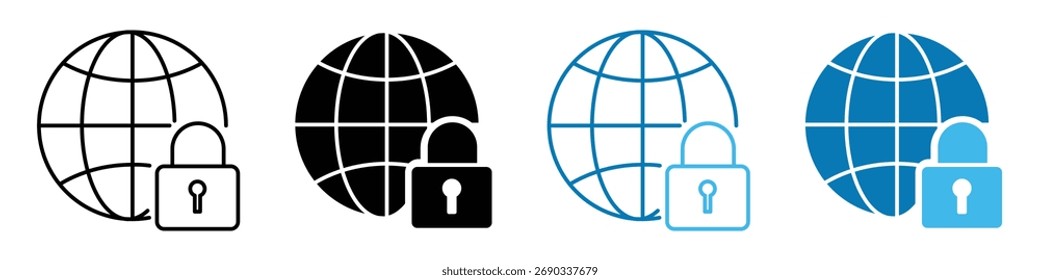 Global security icon isolated, Secure internet symbol, Network lock sign, Cyber protection symbol, or Worldwide privacy icons vector illustration