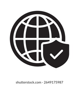 Global security icon showing internet protection worldwide network safety and international data defense with a globe and shield for cybersecurity vector solid glyph icon