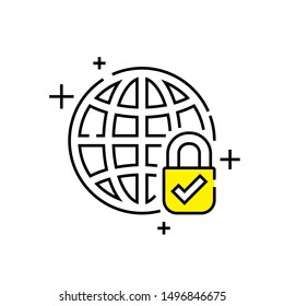 Global security line icon. Secure globe symbol. World network lock sign. Internet privacy emblem. Vector illustration.