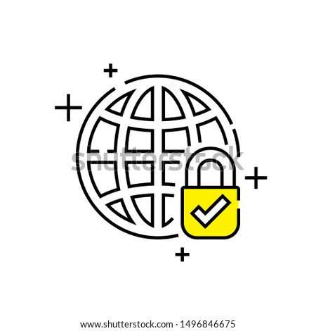 Global security line icon. Secure globe symbol. World network lock sign. Internet privacy emblem. Vector illustration.