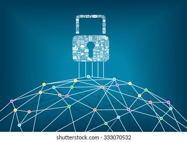 Global IT Security Protection Concept Of Connected Devices. World Wide Web Background With Lines Connecting Dots. 