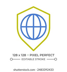 Icono de línea de dos colores de seguridad global. Ciberseguridad mundial. Servicio de seguridad internacional. Símbolo de contorno bicolor de protección mundial. Pictograma lineal de duotono. Ilustración aislada Trazo editable