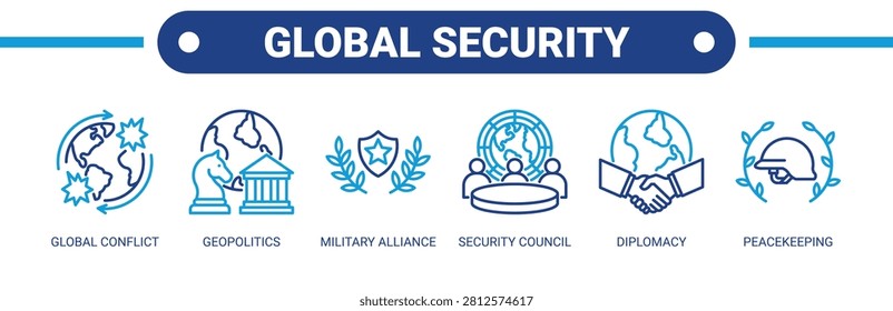 Global Security web banner icon vector illustration concept with icons of global conflict, geopolitics, military alliance, security council, diplomacy, and peacekeeping.