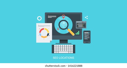 Global Seo, Search data analysis, Seo locations, flat design vector illustration, isolated on blue background