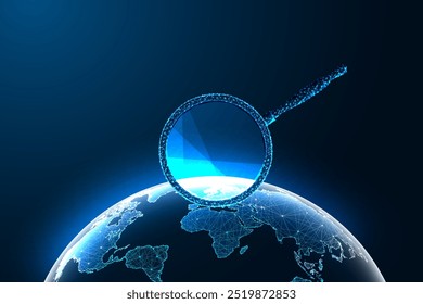 Global SEO, search optimization, web analytics, digital visibility worldwide futuristic concept with magnifying glass and planet Earth on dark blue background. Glowing polygonal vector illustration