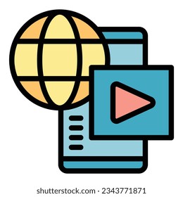Global service icon outline vector. Call movie. Video webinar color flat