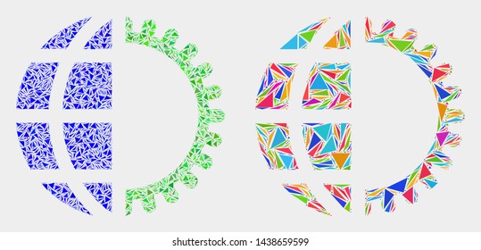 Global service mosaic icon of triangle elements which have different sizes and shapes and colors. Geometric abstract vector illustration of global service.
