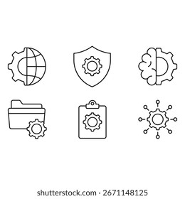 Global setup, cyber shield, brain gear, folder management, task automation, system intelligence icon vector illustration for digital technology platform.
