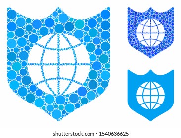 Global shield composition of spheric dots in various sizes and color tints, based on global shield icon. Vector round dots are united into blue composition.