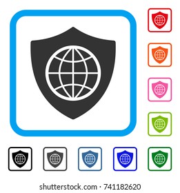 Global Shield icon. Flat grey pictogram symbol inside a light blue rounded squared frame. Black, gray, green, blue, red, orange color additional versions of Global Shield vector.
