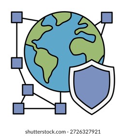 Ícone de escudo global representando segurança de rede mundial, proteção de dados internacional e segurança digital.