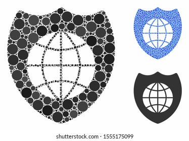 Global shield mosaic of filled circles in different sizes and color hues, based on global shield icon. Vector filled circles are composed into blue composition.