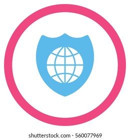 Global Shield vector bicolor rounded icon. Image style is a flat icon symbol inside a circle, pink and blue colors, white background.