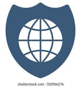 Global Shield vector icon. Style is flat symbol, blue color, rounded angles, white background.