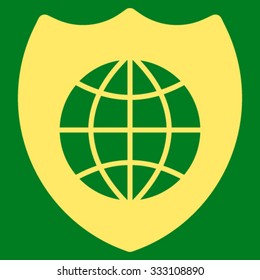 Global Shield vector icon. Style is flat symbol, yellow color, rounded angles, green background.