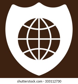 Global Shield vector icon. Style is flat symbol, white color, rounded angles, brown background.