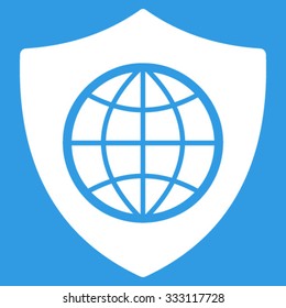 Global Shield vector icon. Style is flat symbol, white color, rounded angles, blue background.