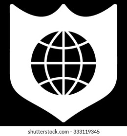 Global Shield vector icon. Style is flat symbol, white color, rounded angles, black background.