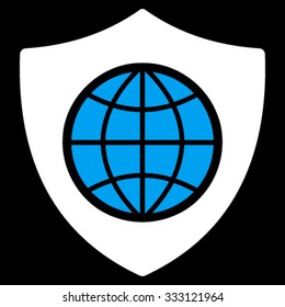 Global Shield vector icon. Style is bicolor flat symbol, blue and white colors, rounded angles, black background.