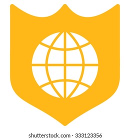 Global Shield vector icon. Style is flat symbol, yellow color, rounded angles, white background.