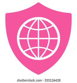 Global Shield vector icon. Style is flat symbol, pink color, rounded angles, white background.