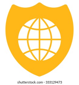 Global Shield vector icon. Style is flat symbol, yellow color, rounded angles, white background.