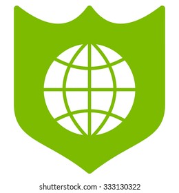 Global Shield vector icon. Style is flat symbol, eco green color, rounded angles, white background.