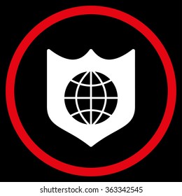 Global Shield vector icon. Style is bicolor flat circled symbol, red and white colors, rounded angles, black background.