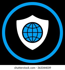 Global Shield vector icon. Style is bicolor flat circled symbol, blue and white colors, rounded angles, black background.