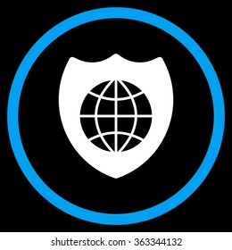 Global Shield vector icon. Style is bicolor flat circled symbol, blue and white colors, rounded angles, black background.