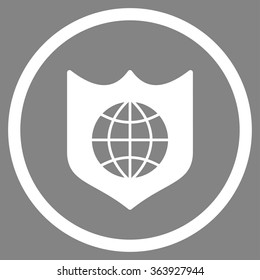 Global Shield vector icon. Style is flat circled symbol, white color, rounded angles, gray background.