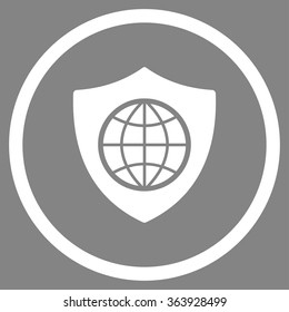 Global Shield vector icon. Style is flat circled symbol, white color, rounded angles, gray background.