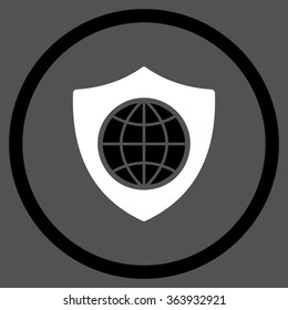 Global Shield vector icon. Style is bicolor flat circled symbol, black and white colors, rounded angles, gray background.