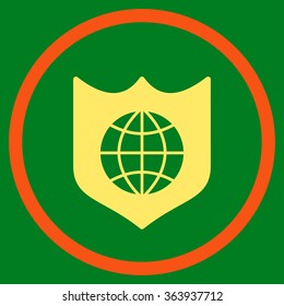 Global Shield vector icon. Style is bicolor flat circled symbol, orange and yellow colors, rounded angles, green background.