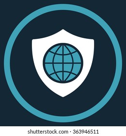 Global Shield vector icon. Style is bicolor flat circled symbol, blue and white colors, rounded angles, dark blue background.