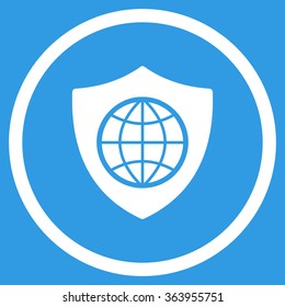 Global Shield vector icon. Style is flat circled symbol, white color, rounded angles, blue background.