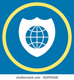 Global Shield vector icon. Style is bicolor flat circled symbol, yellow and white colors, rounded angles, blue background.