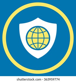 Global Shield vector icon. Style is bicolor flat circled symbol, yellow and white colors, rounded angles, blue background.
