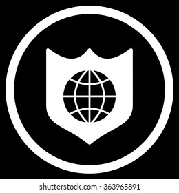 Global Shield vector icon. Style is flat circled symbol, white color, rounded angles, black background.