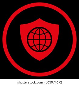 Global Shield vector icon. Style is flat circled symbol, red color, rounded angles, black background.