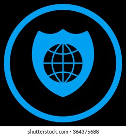 Global Shield vector icon. Style is flat circled symbol, blue color, rounded angles, black background.