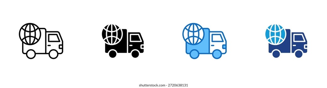 Global Shipment Multiple Style Icon Design Vector - Lieferwagen mit einem großen Globus an der Spitze, die weltweite Logistik, internationale Lieferung und globale Transport-Services repräsentiert